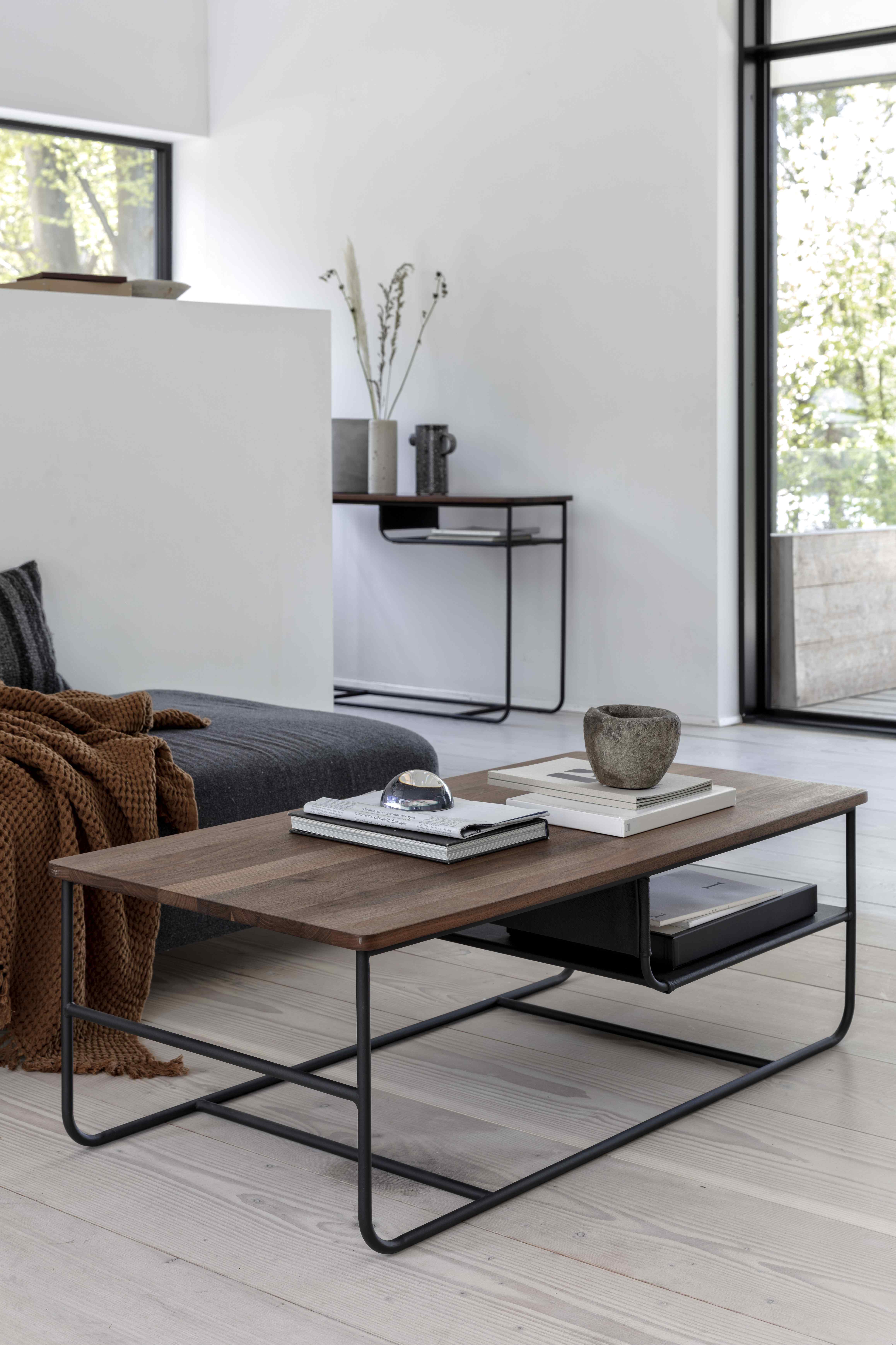 Square coffee table with Black Powder coated steel frame, Solid natural walnut top, 120 cm - image 1