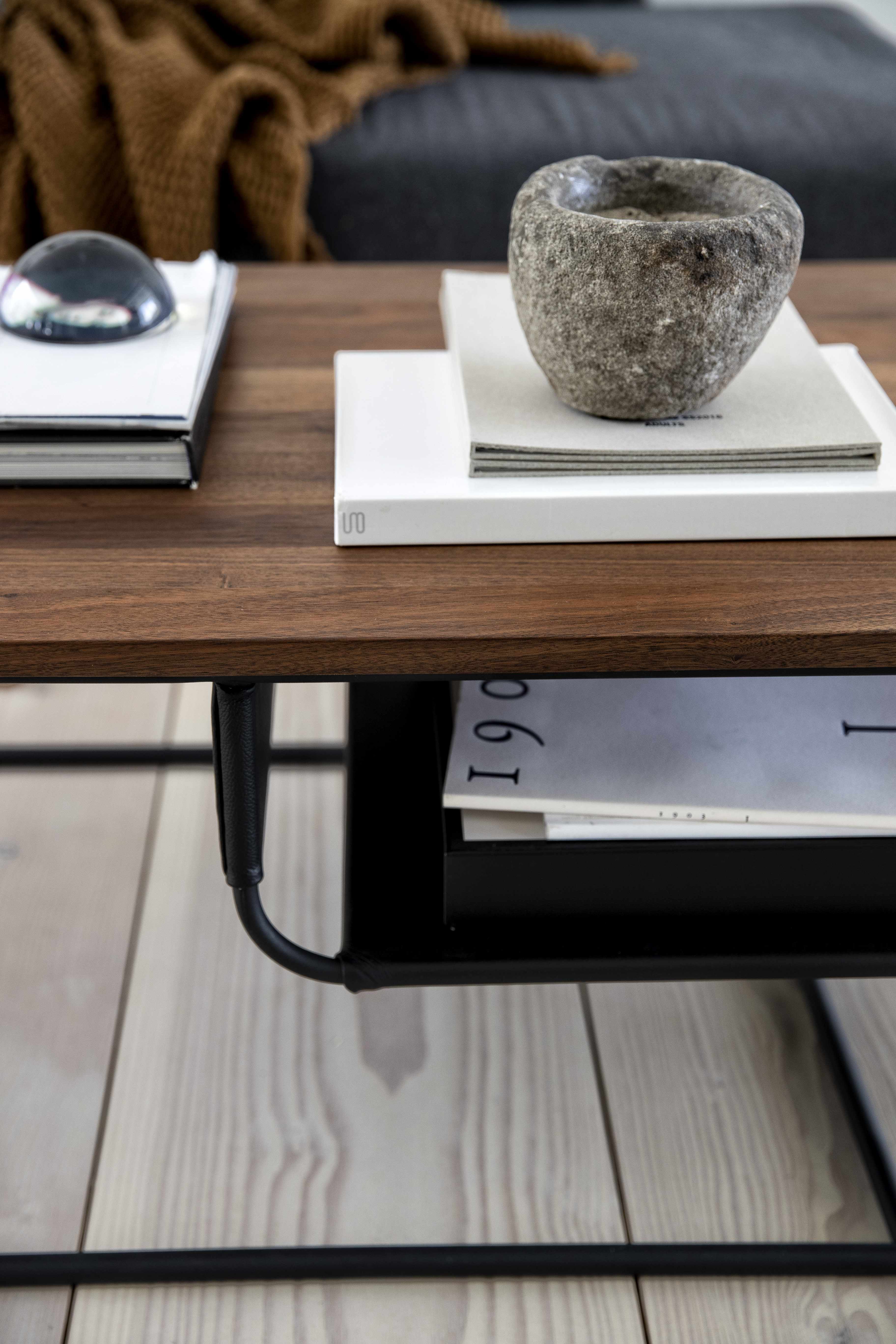 Square coffee table with Black Powder coated steel frame, Solid natural walnut top, 120 cm - image 2