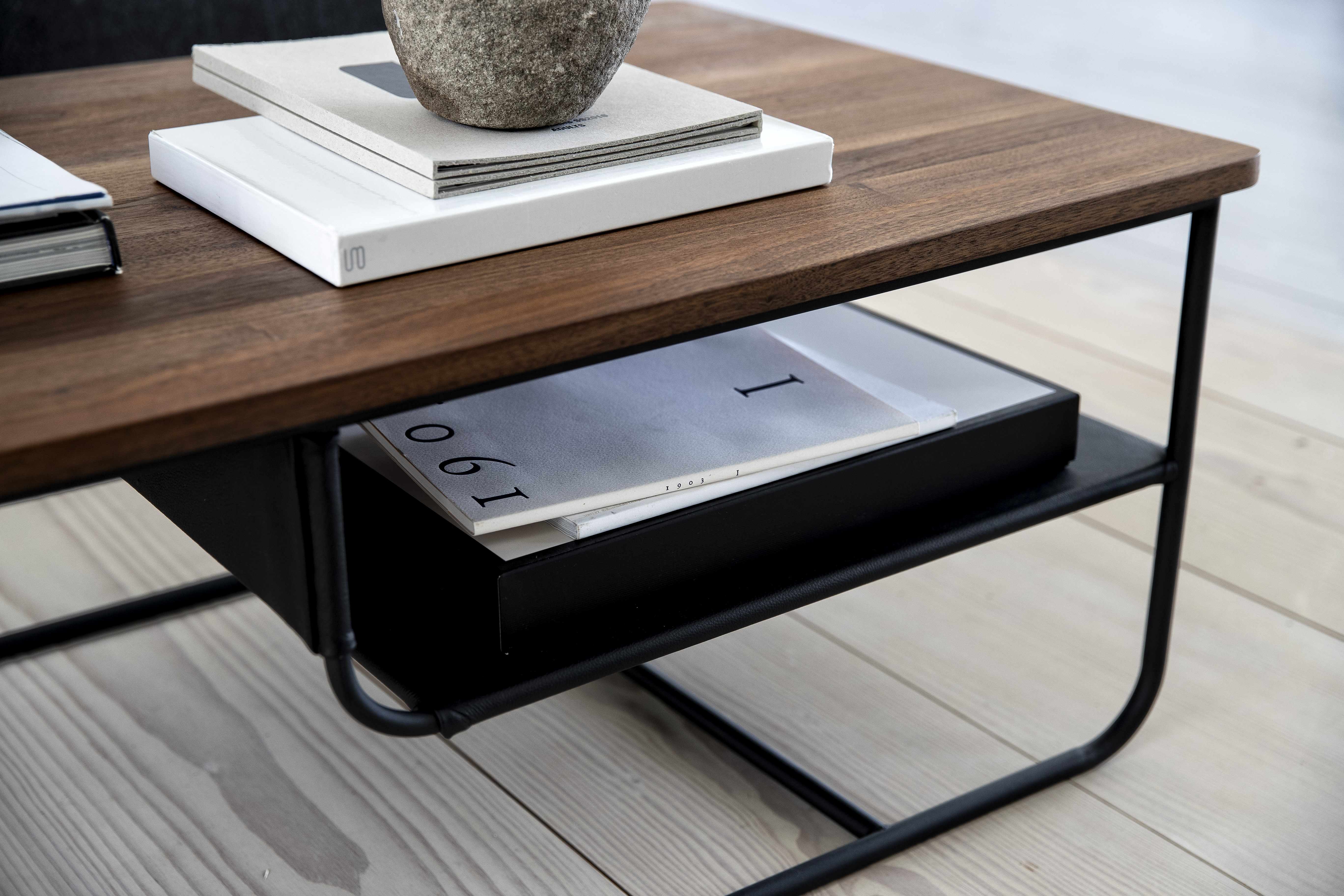 Square coffee table with Black Powder coated steel frame, Solid natural walnut top, 120 cm - image 3