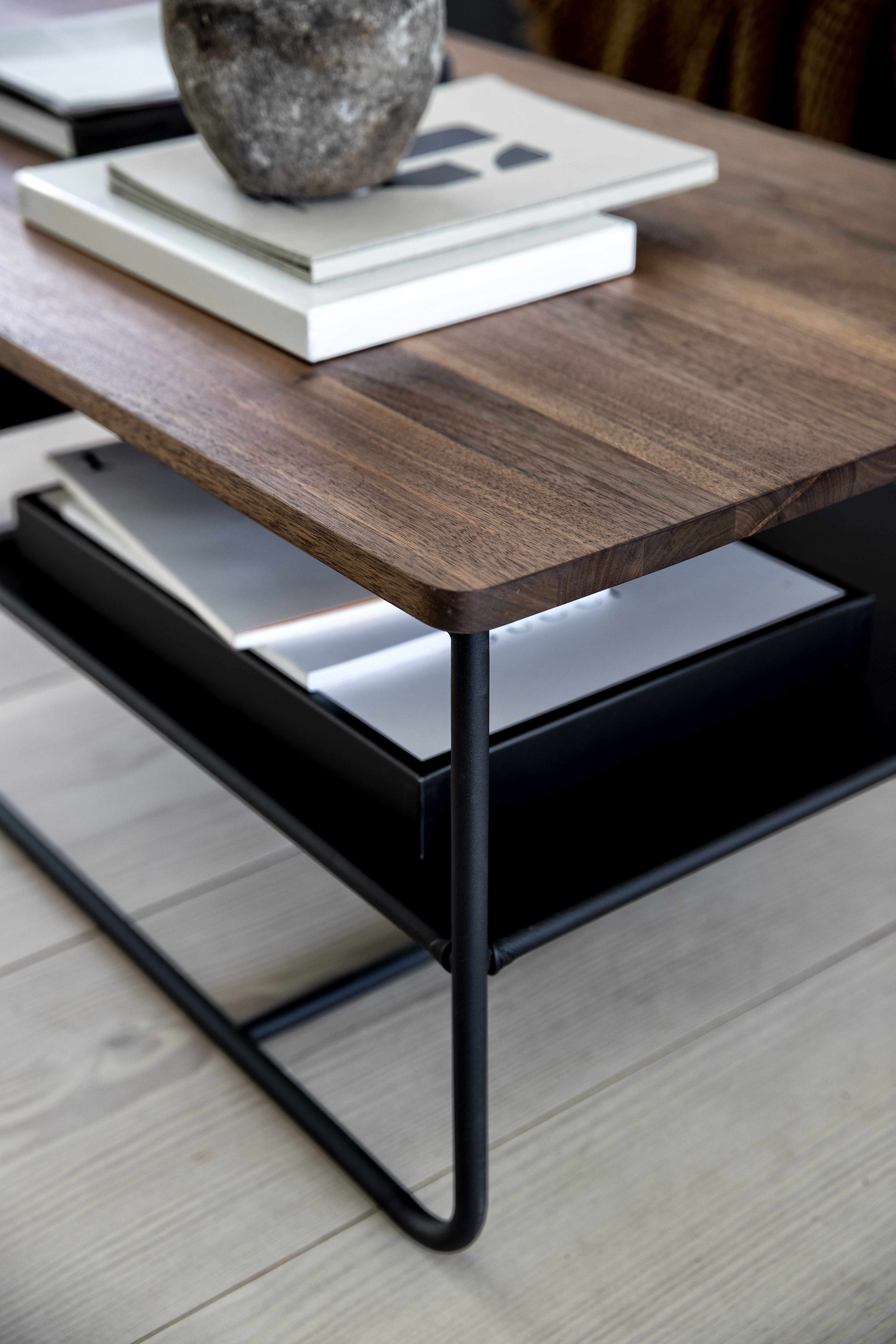 Square coffee table with Black Powder coated steel frame, Solid natural walnut top, 120 cm - image 4