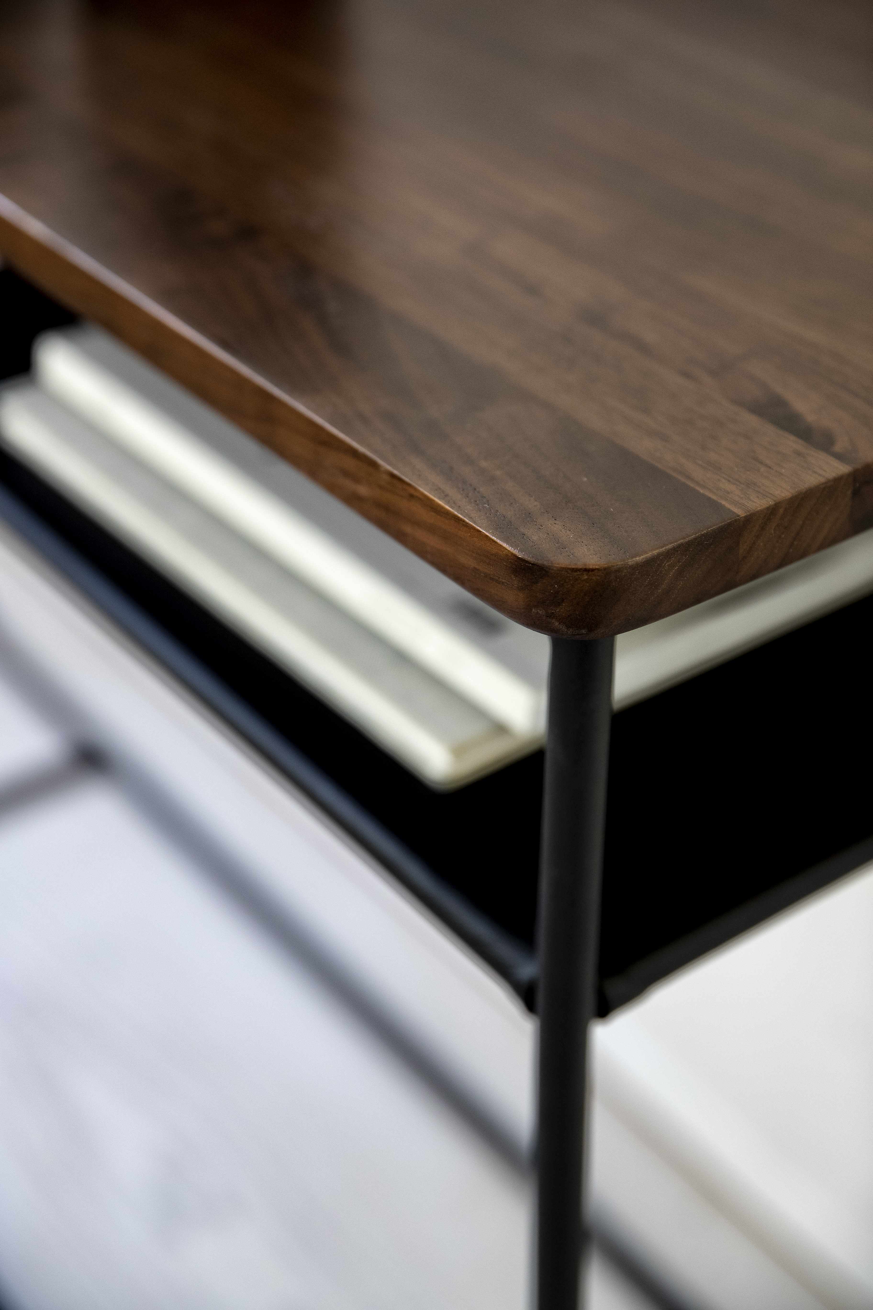 Square coffee table with Black Powder coated steel frame, Solid natural walnut top, 120 cm - image 5