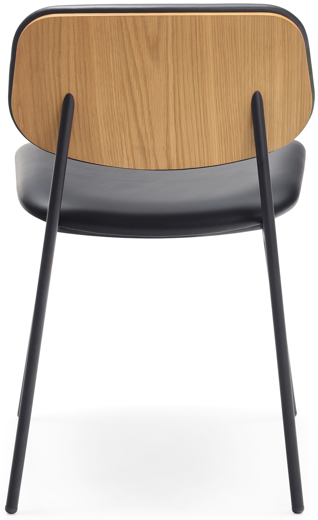 Silla de comedor Dayton con marco de acero con pintura electrostática negra, detalle en roble natural sólido, cuero negro GR2. - image 4