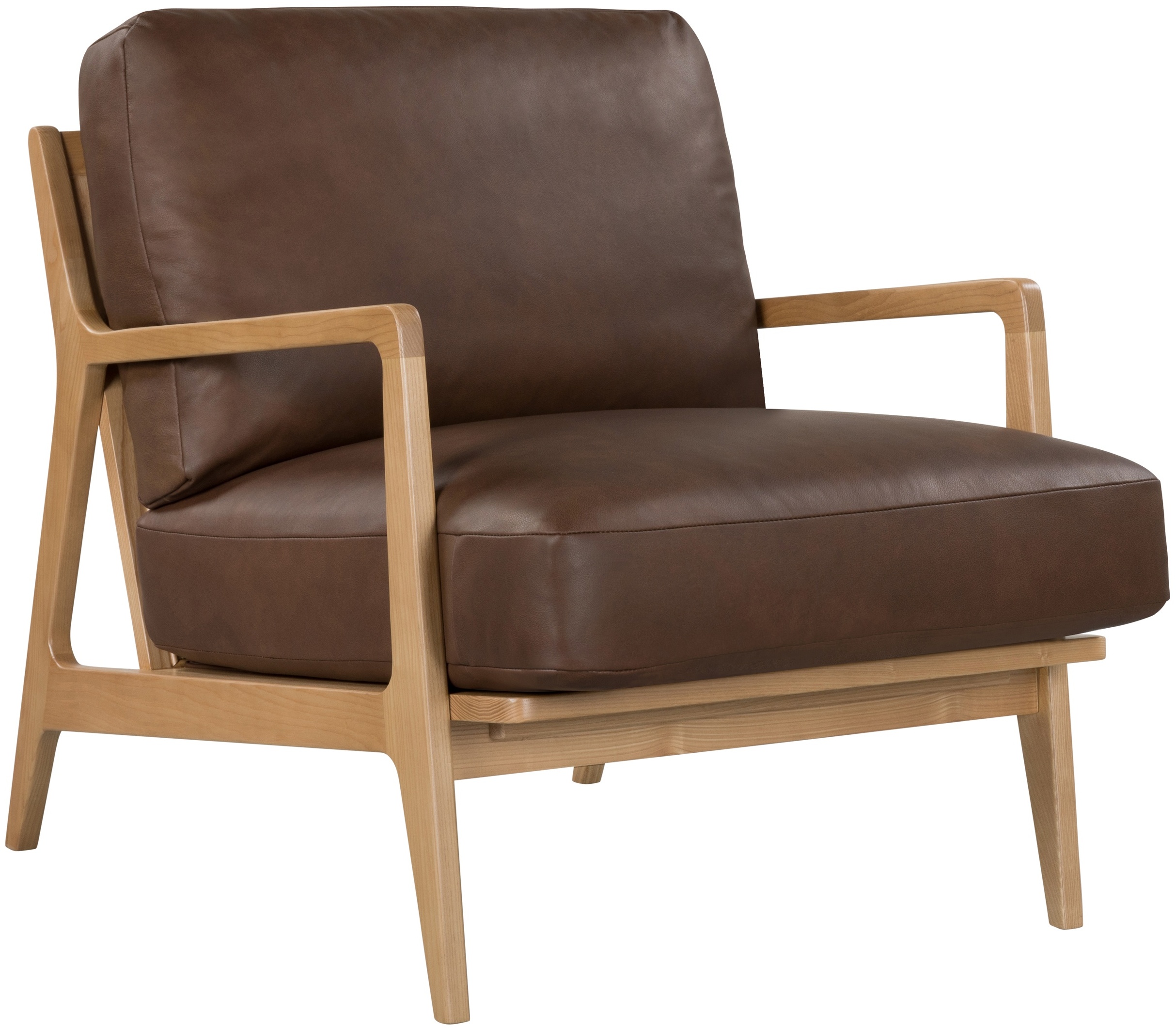 Poltrona Lucas con marco sólido de rubberwood natural, Cuero Marrón Courier. - image 1