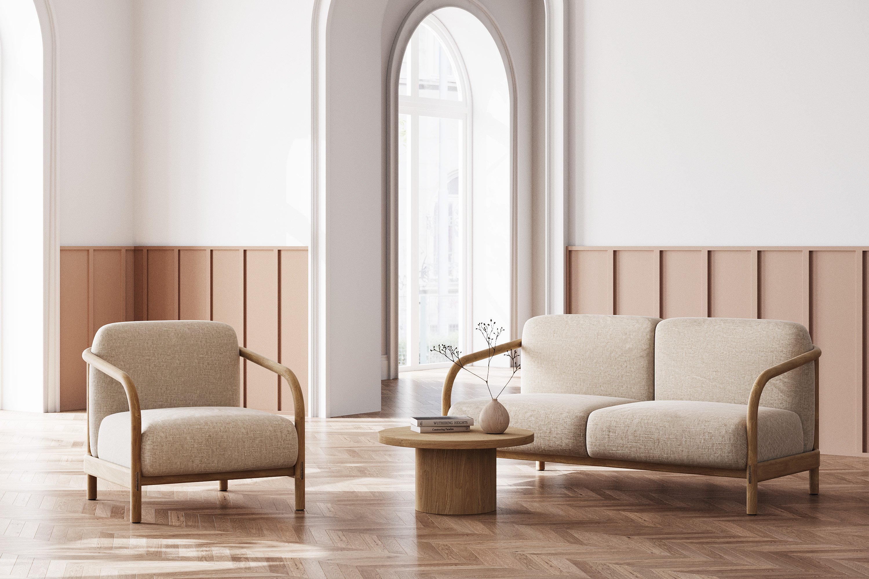 Alma 2 seater sofa with Solid natural rubberwood frame, Diego Natural Fabric - image 1