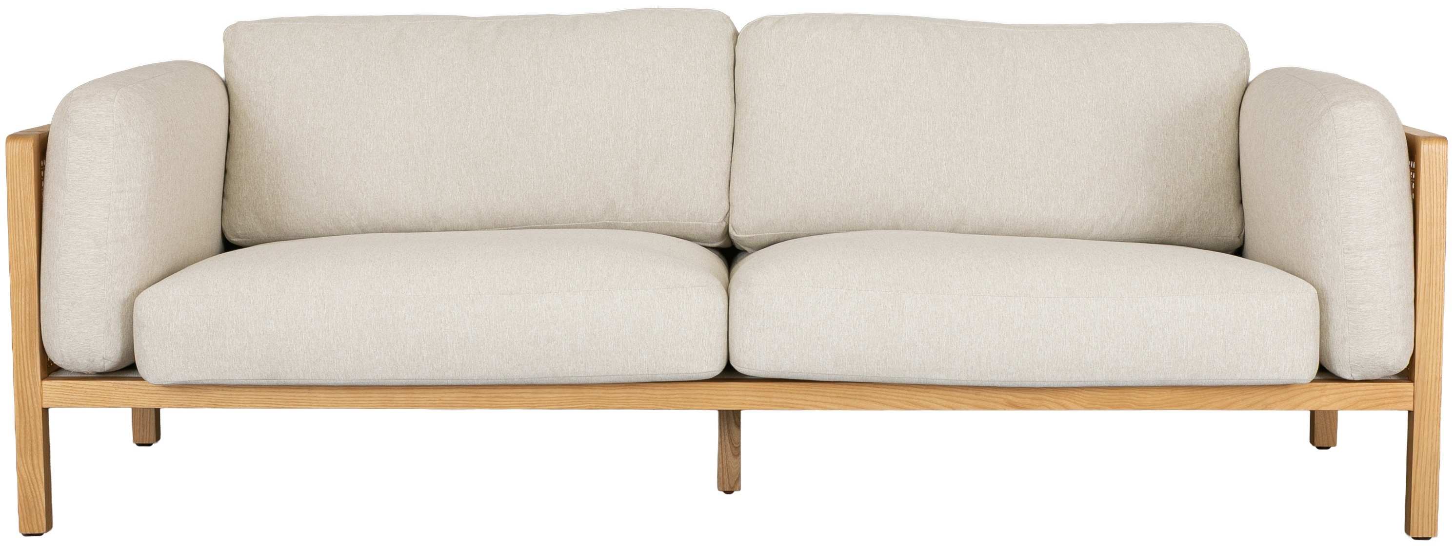 Sofá de 3 puestos Rufus con marco sólido de rubberwood natural, tela de Melange Weave en blanco. - image 3