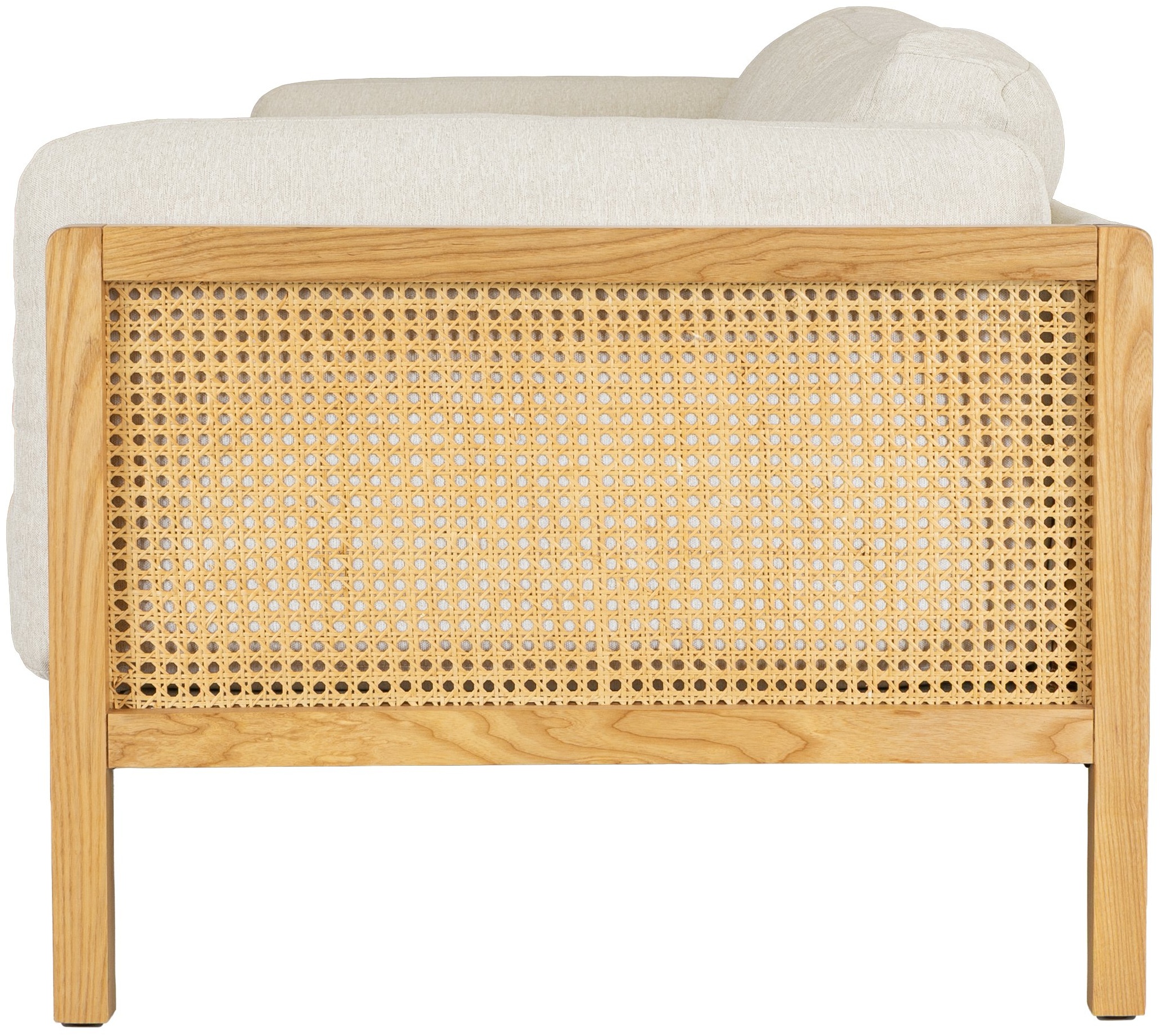 Sofá de 3 puestos Rufus con marco sólido de rubberwood natural, tela de Melange Weave en blanco. - image 4